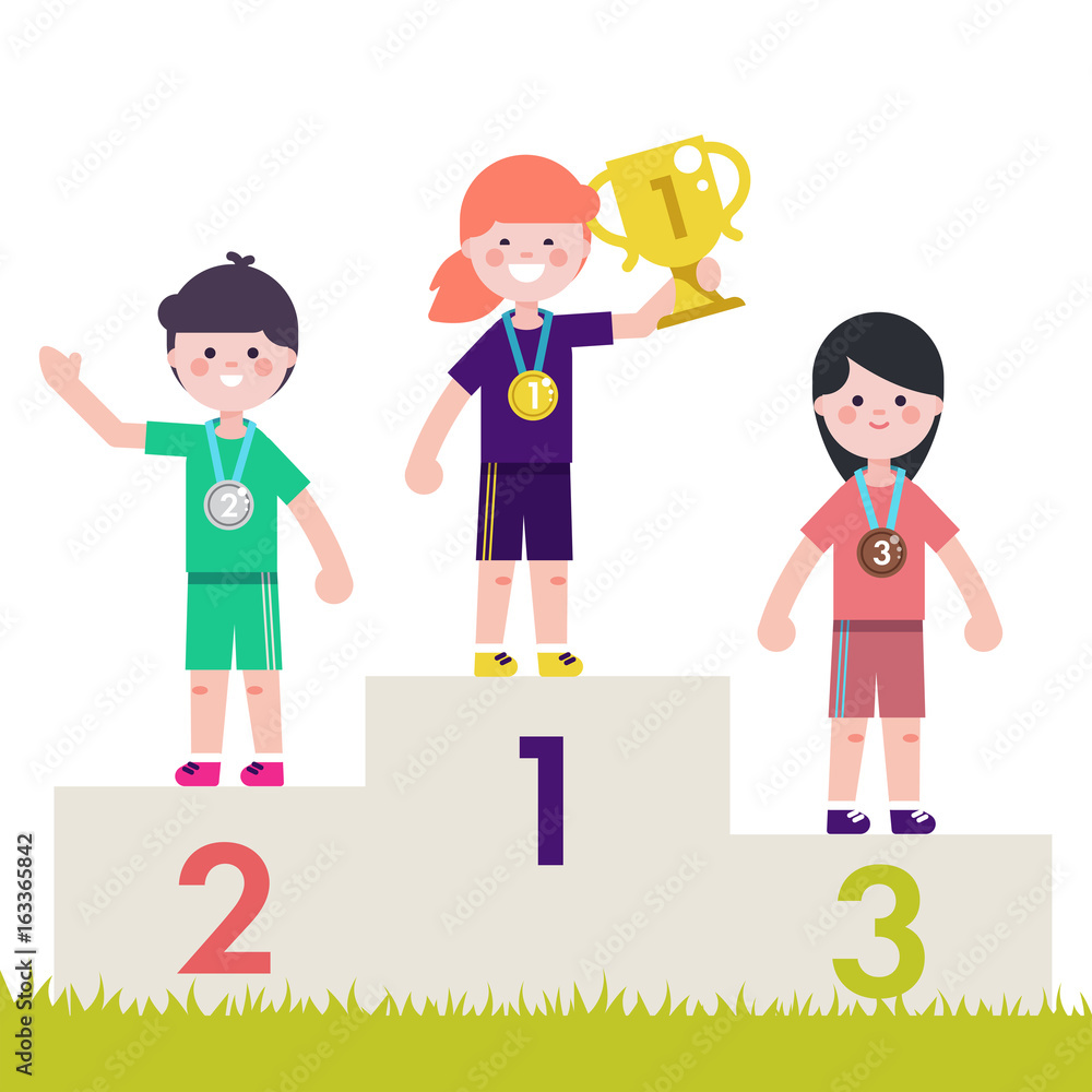 Sport kids on pedestal with trophy cup. Vector illustration.Children on victory podium with medal