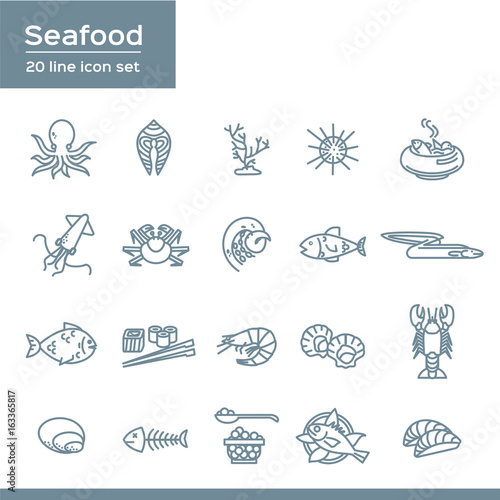 Set of Sea Food Related Vector Icons  flat style with thin line art seafood icons on white background.