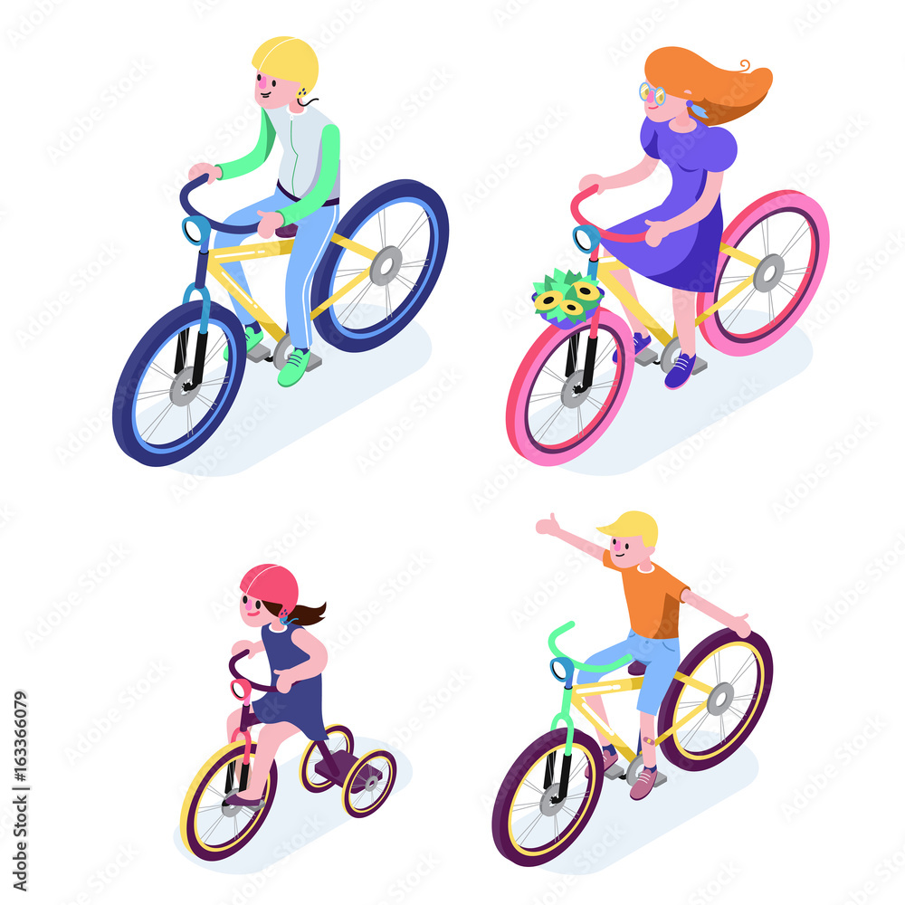 Isometric People. Isometric Bicycle isolated. Family Cyclists group riding bicycle. Cyclist icon