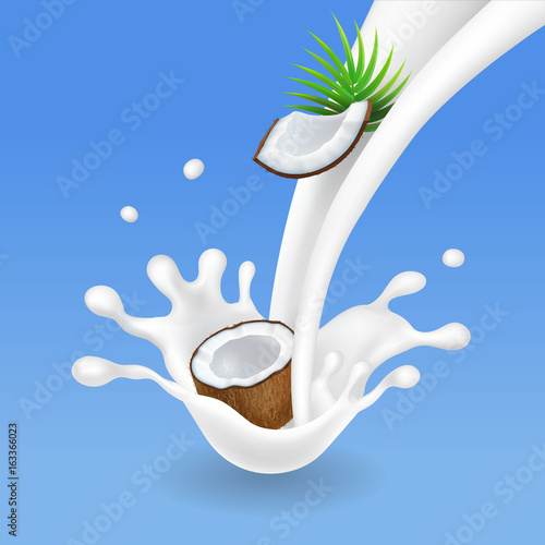 Milk splash and coconut, realistic milkshake. Vector