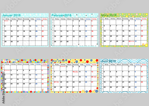 Farbenfroher Kalender 2018 für Deutschland mit gesetzlichen Feiertagen. Set aus 6 einzelnen Monaten, Januar bis Juni. Vektor, Wochenstart Montag.
