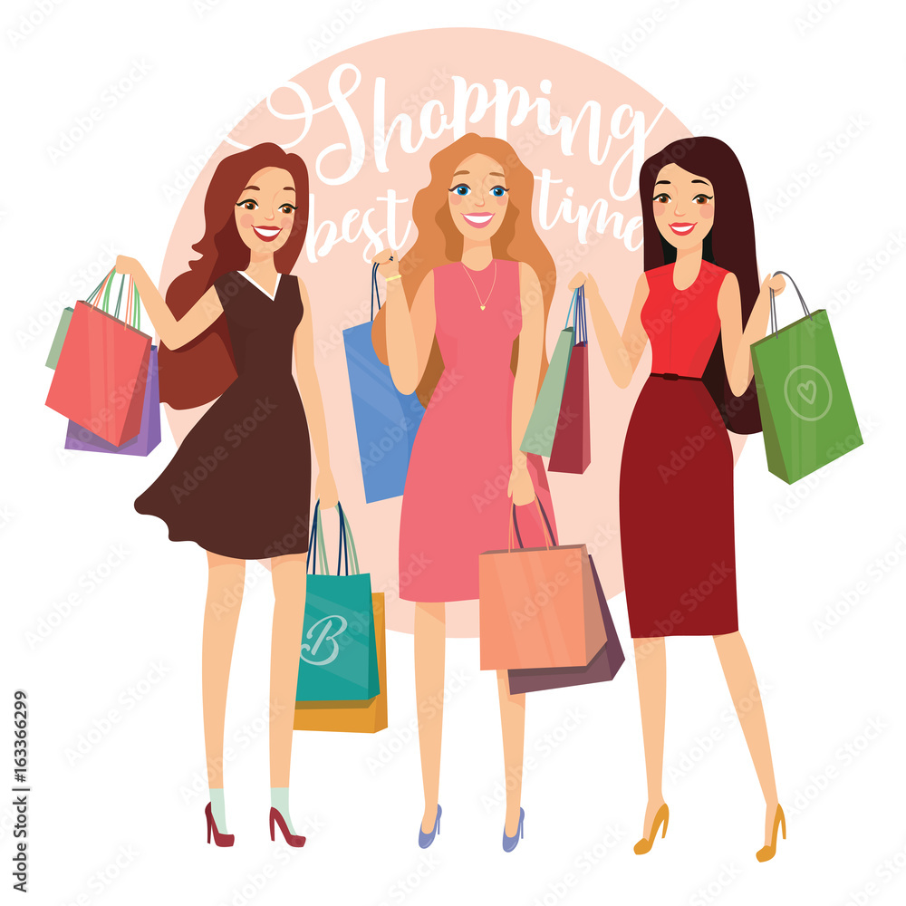 Happy beautiful women with shopping. Three ladys with shopping bags walking on street. Big Sale.