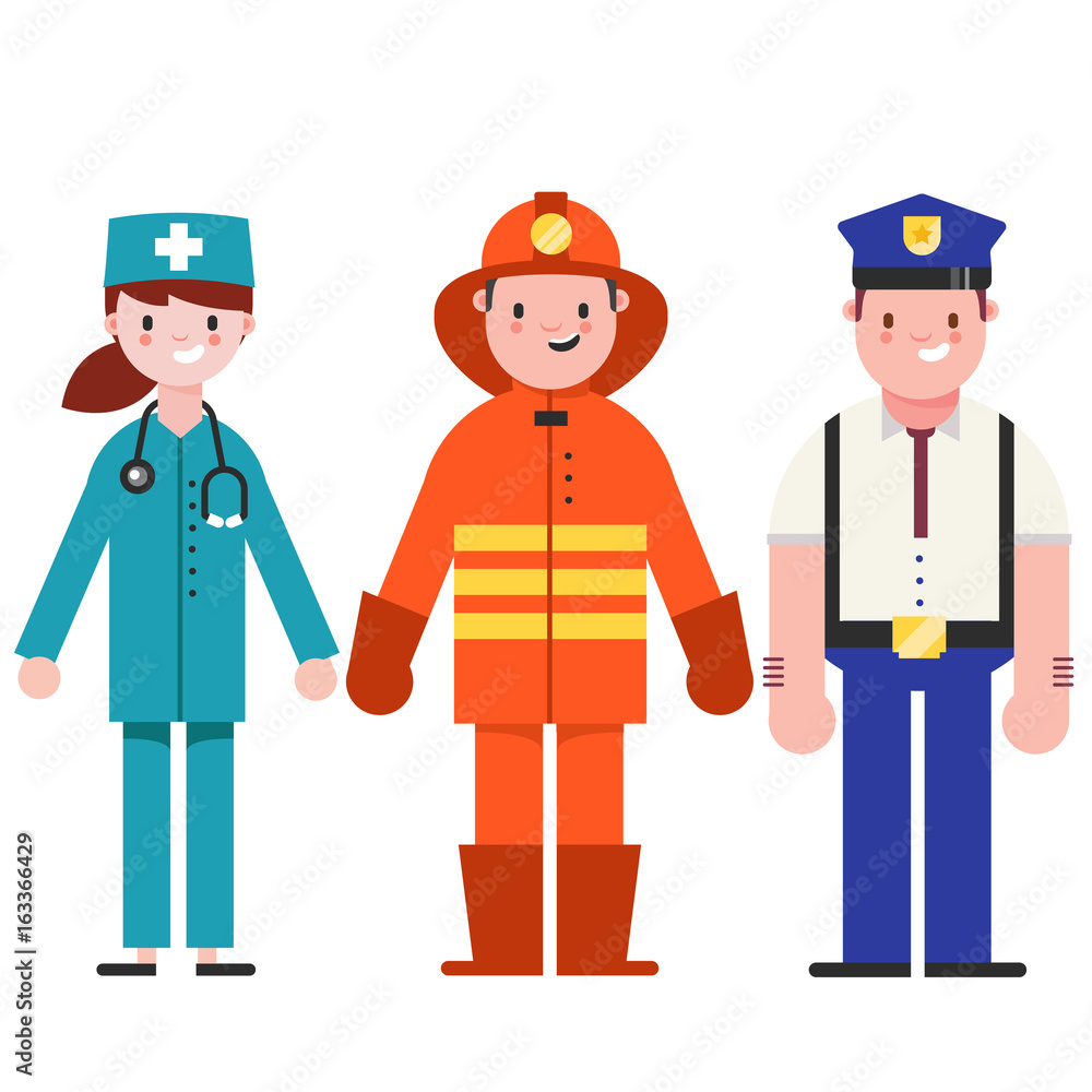 Set of people icons in flat style policeman, fireman, doctor. Emergency service. people different professions.