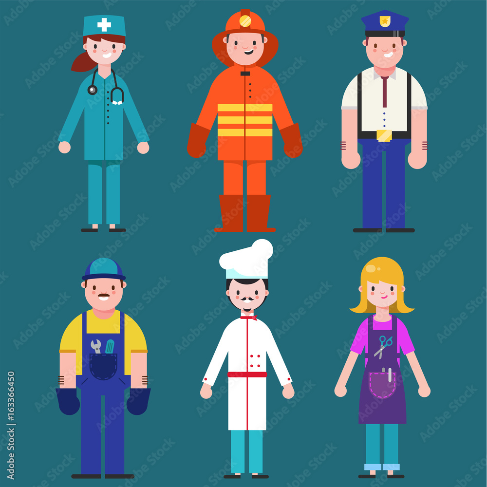 Set of people icons in flat style cook, mechanic, Barber, policeman, fireman, doctor. Emergency service. Set of people icons in flat style cook, mechanic, Barber, policeman, fireman, doctor. Emergency service.