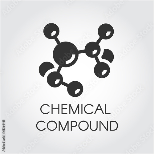 Icon of chemical element compound in flat design. Black logo on a gray background. Abstract molecular connection. Vector illustration
