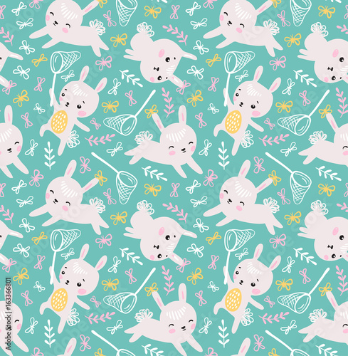 Childish seamless pattern with rabbits, butterflies and lawn. Vector illustration for kids fabric, gift paper and wallpaper.