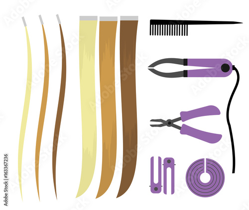 Set of illustrations of icons of hair extensions. Hairdresser tools for the procedure. Overhead curls