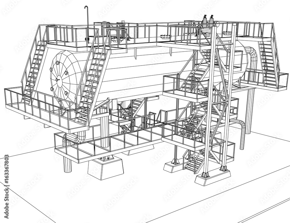 Wire-frame Oil and Gas industrial equipment. Tracing illustration of 3d.