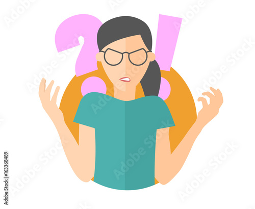 Angry girl in glasses. Woman in rage. Flat design icon. Simply editable isolated vector illustration