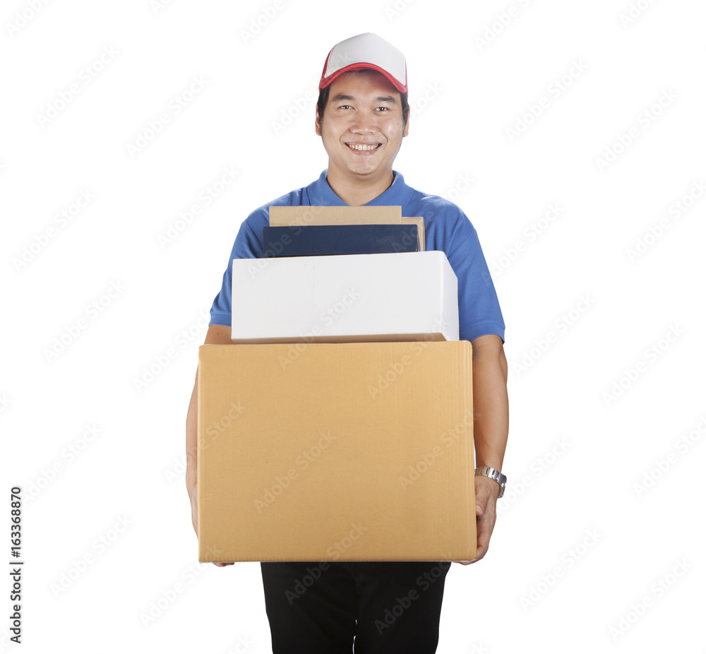 delivery man carrying container box toothy smiling face isolated white background delivery man carrying container box toothy smiling face isolated white background