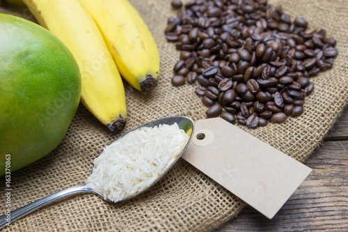 fair trade products: rice, coffe, banana, mango,