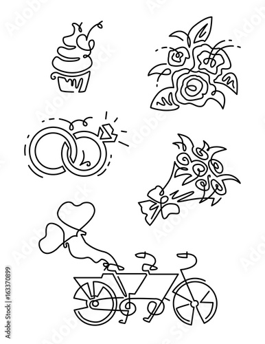 Vector Line Icons set. Includes such Icons as diamond, cupcake, two rings together, tandem bike.