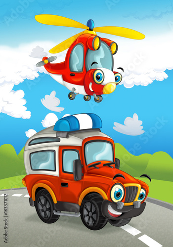 Cartoon fire fighter car smiling looking on the road and police helicopter flying over - illustration for children