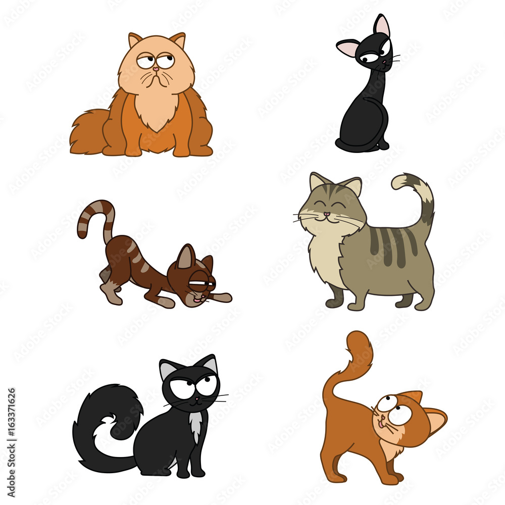 Collection of funny cats black red fat Funny set of icons with cats set Cartoon illustration of 6 cute cats Collection of kittens Black Red Tabby Skinny Fat Vector