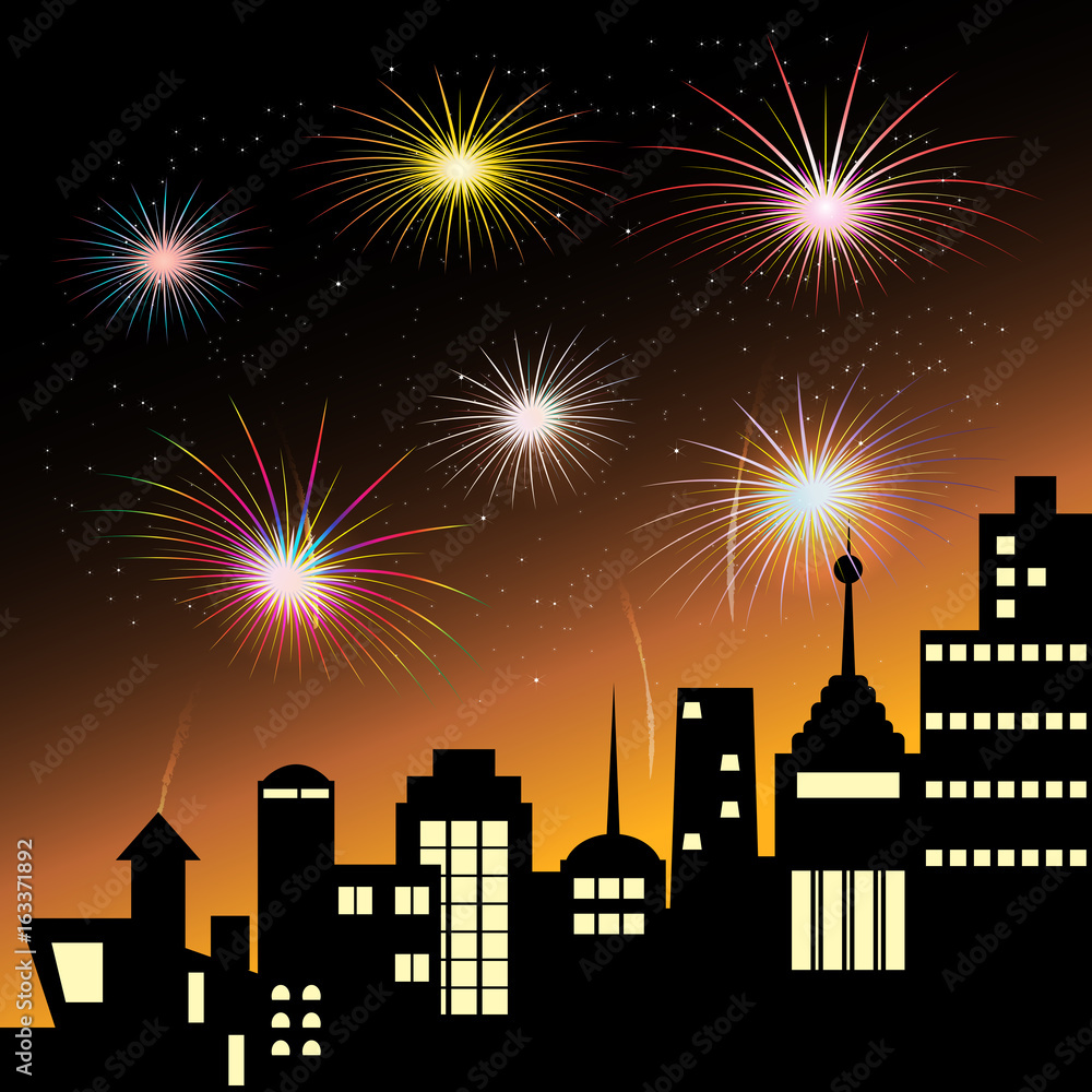 Vector of colorful fireworks celebration display in sky over the city at night scene