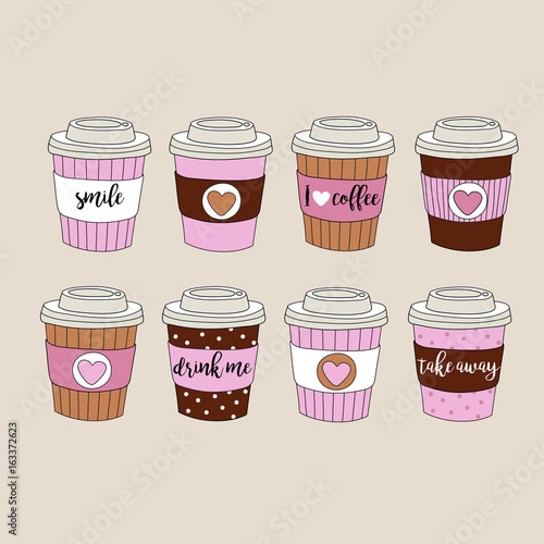 Set of colorful paper coffee cups - vector hand drawn illustration