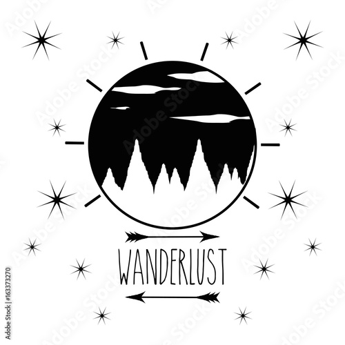 wanderlust emblem with mountains and clouds
