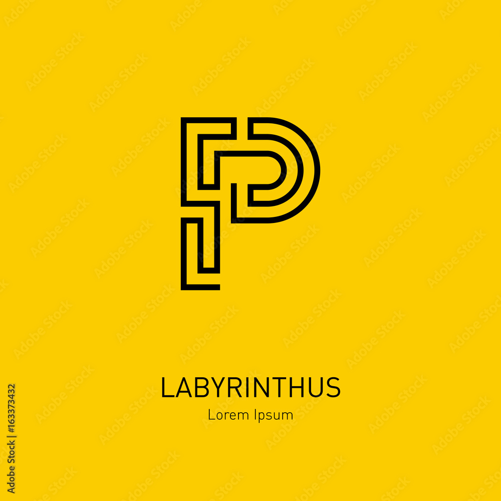 Labyrinth vector logo template. Letter P. Line art rebus, concept logotype icon. Labyrinth vector logo template. Letter P. Line art rebus, concept logotype icon.