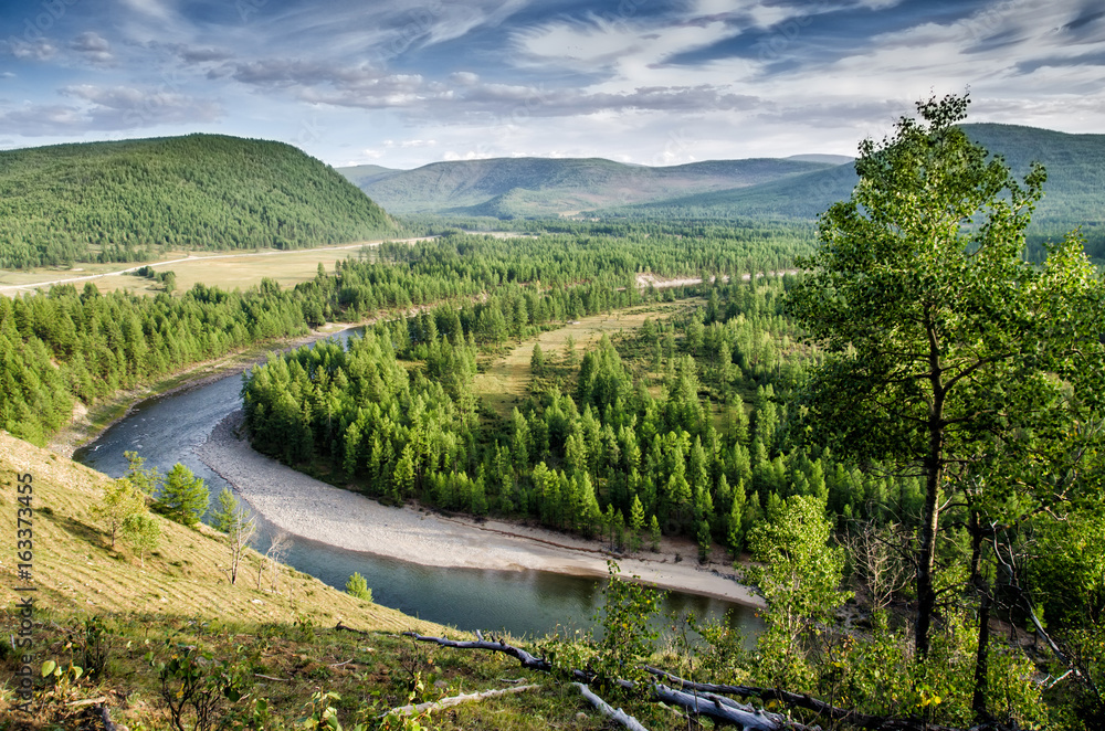 View above oka river, russian nature. Buryatia. Siberia.