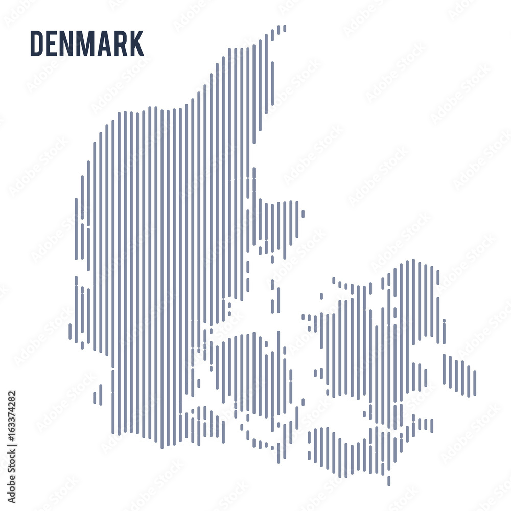 Vector abstract hatched map of Denmark with vertical lines isolated on a white background.