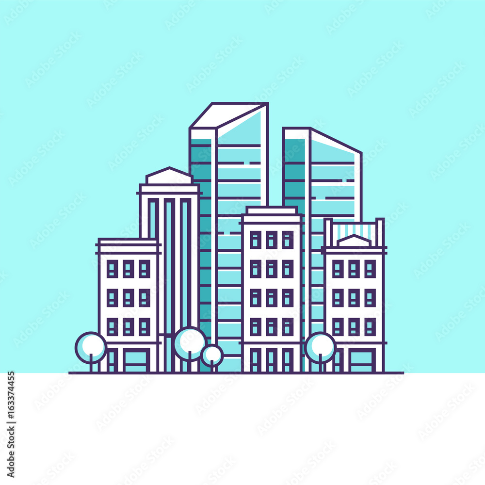 Obraz premium Urban landscape. Real estate and construction business concept with buildings. Vector illustration.