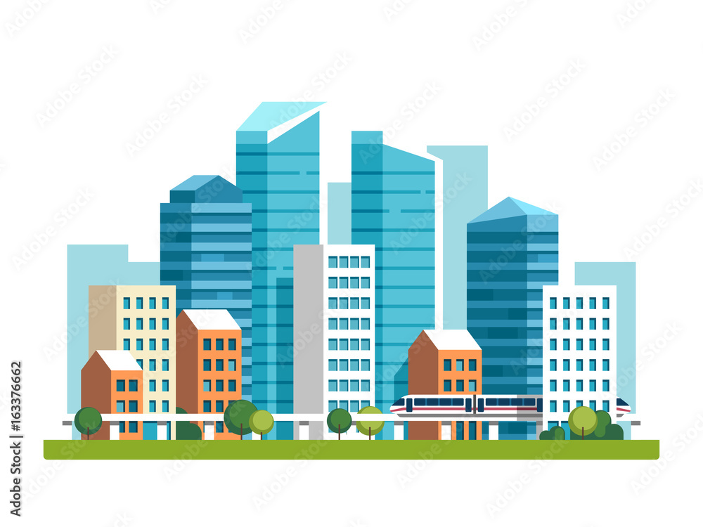 Urban landscape with high skyscrapers and subway. Vector illustration.