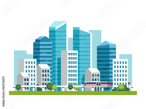 City downtown landscape with high skyscrapers and subway. Vector illustration.