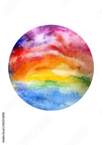 Watercolor bright round spot on an isolated background. Abstract blot of blue, purple, pink, Blue and red on an isolated white background. Abstract sea background, ocean, sunset sky, reflection.