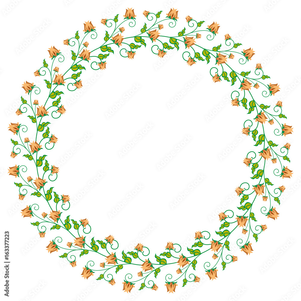 Round label with abstract flowers. Vector clip art.