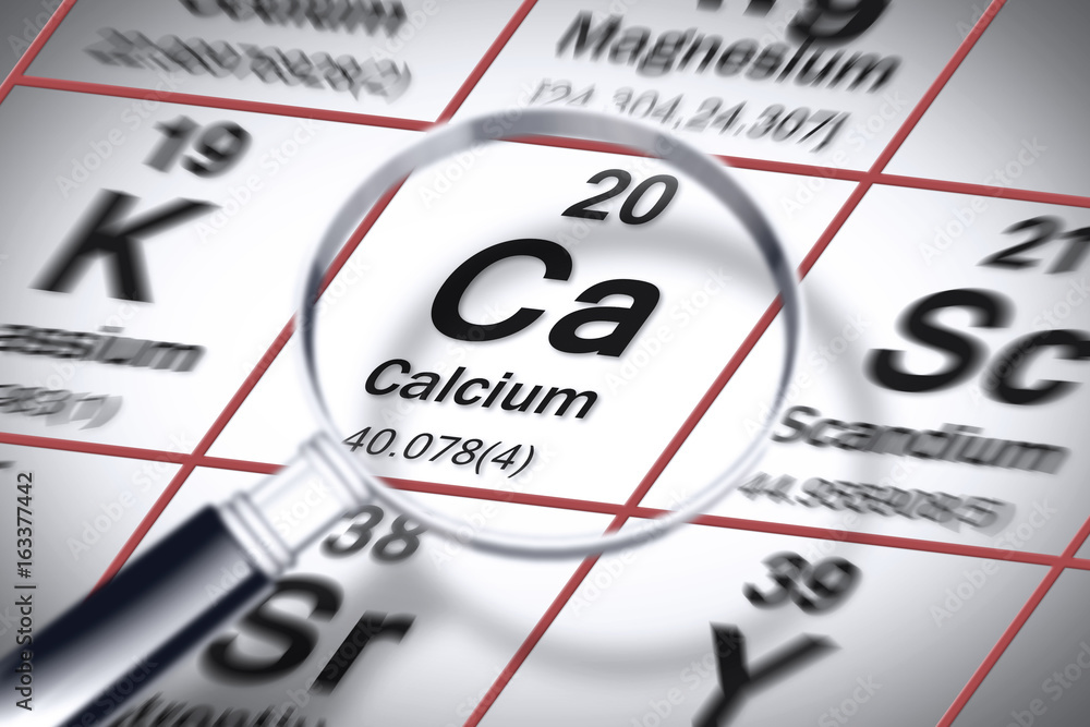 Focus on Calcium chemical element - concept image with the Mendeleev periodic table Focus on Calcium chemical element - concept image with the Mendeleev periodic table