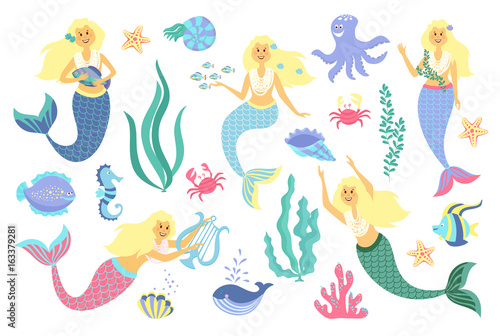Underwater life collection. Mermaid, sea animals and seaweed on a white background © teirin