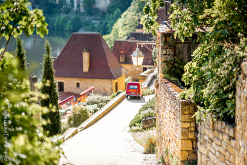 Beautiful street view with ancient buildings in the famous La Roque Gageac village in France