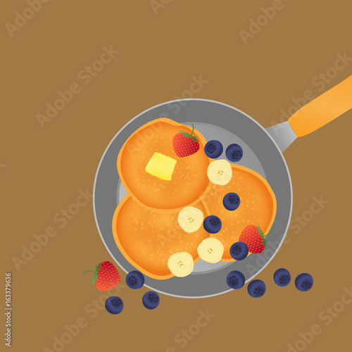 breakfast concept.pancake with butter blueberry strawberry banana on pan.vector illustration.