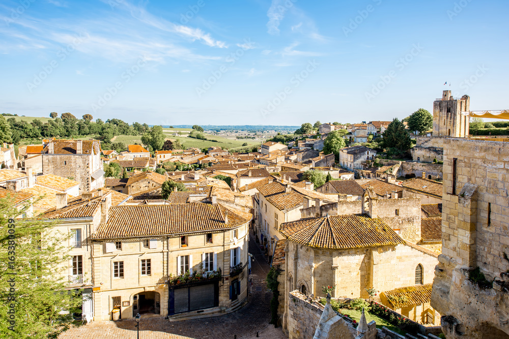 Beautiful cityscape view on Saint Emilion village in Bordeaux region during the sunset in France