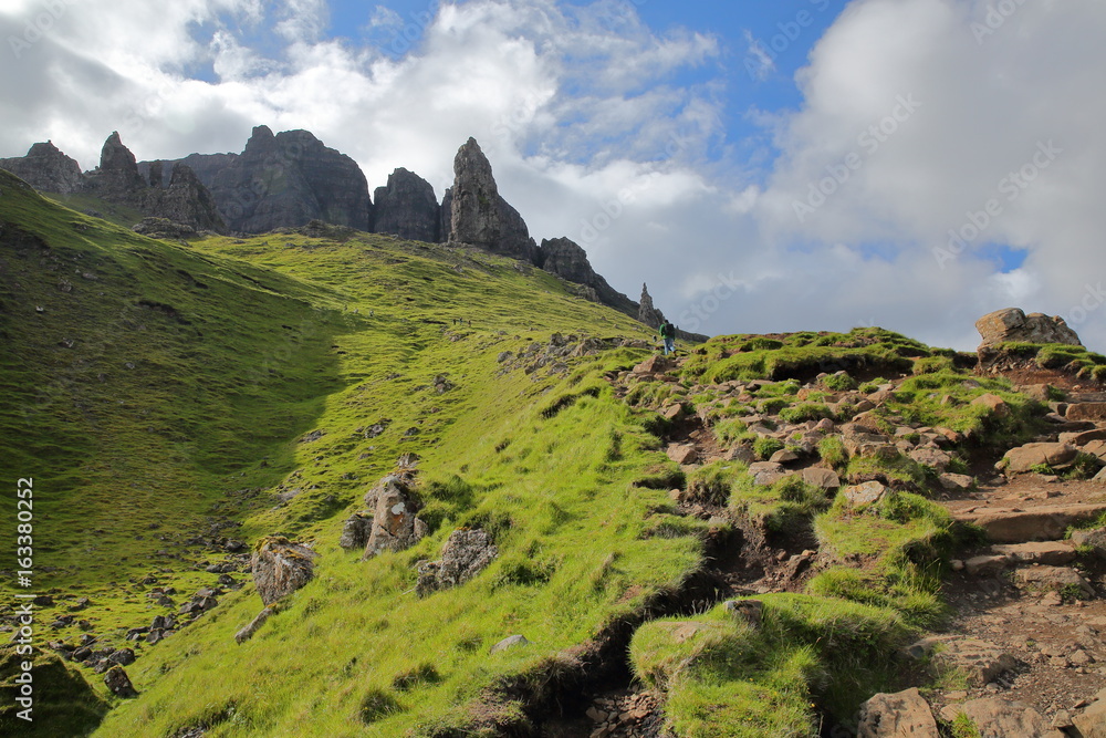 View of the Storr cliffs, walk to the Old Man of Storr, Isle of Skye, Highlands, Scotland, UK