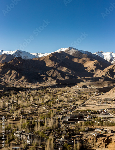 High angle view of Leh city in autumn with Himalaya range background, Jammu and Kashmir, India. © donnchans