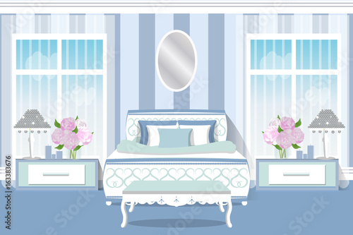 The interior of the bedroom. Beautiful bright room in pastel colours. Cartoon. Vector illustration