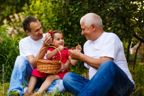 Happy family eating strawberries in the garden photo