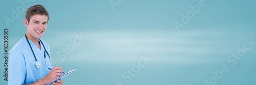 Doctor with clipboard against blue background