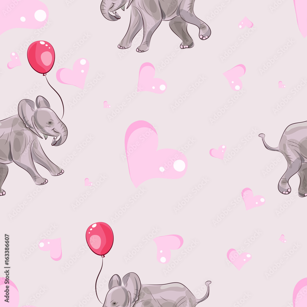 Cute pink elephant holding balloons. Seamless pattern