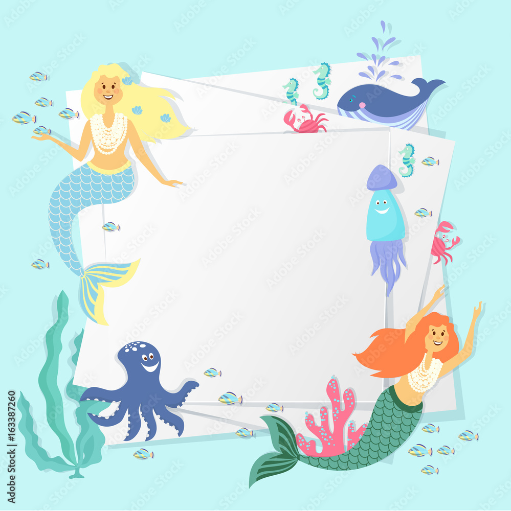 Greeting banner on the marine theme. Cute mermaids, seashells, marine animals.