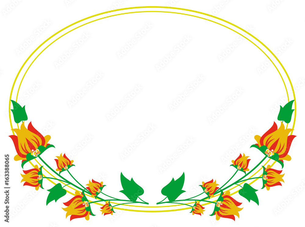 Oval decorative frame with abstract flowers. Vector clip art.