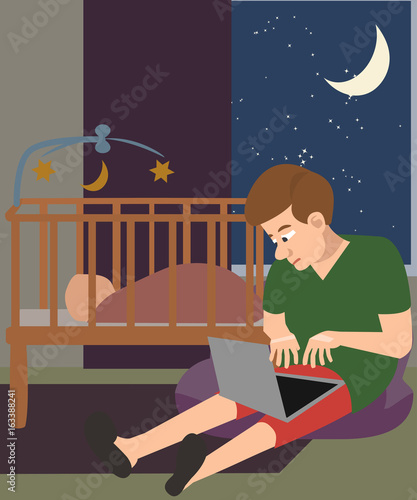 man with laptop babysitting at night cartoon