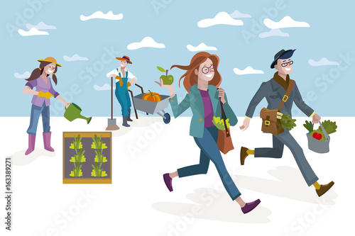 Happy Young Couple Walking in Organic Garden. Behind the farmers cultivating the garden.