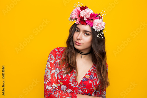 Brunette girl wearing flower crown