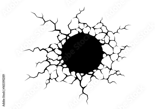 Cracks hole in the white wall. Spark or damage on white background. Texture design in grunge style. 