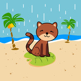 brown cat in the beach. vector cartoon illustration