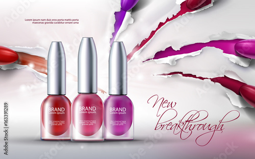 Vector illustration of a realistic style collection of colored nail polish on a scratched paper background. Excellent advertising posters for promoting of premium product, new breakthrough