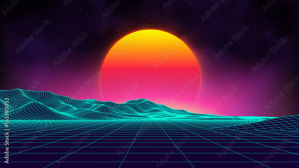 Naklejka premium Styl retro futurystyczny krajobraz 1980 roku. Cyfrowa retro krajobrazowa cyber powierzchnia. Szablon okładki albumu retro: słońce, przestrzeń, góry. Lata 80. Retro tło science-fiction krajobraz lato.