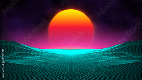 Retro background futuristic landscape 1980s style. Digital retro landscape cyber surface. Retro music album cover template : sun, space, mountains . 80s Retro Sci-Fi Background Summer Landscape.